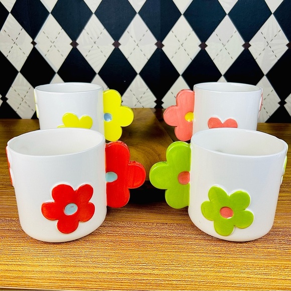 Flower Ceramic Mugs Set Retro Pop Art Bright Color Handles - Picture 7 of 10